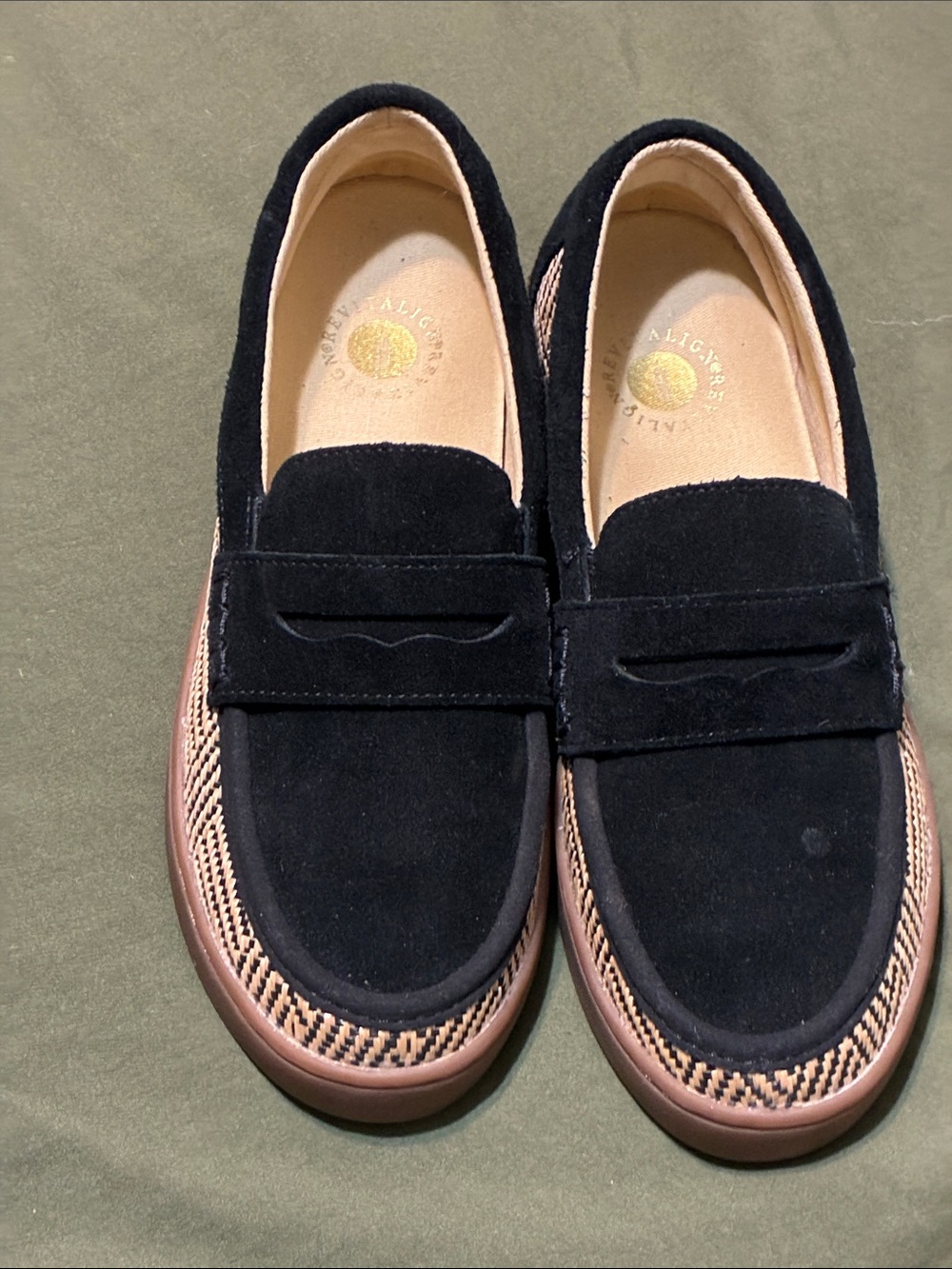 Black Suede Penny Loafers with Tan Accents
